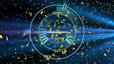 animation of circular scanner rotating, with gold confetti, firework and lights on black background