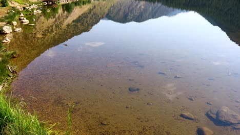 static footage of georgetown lake in georgetown colorado. camera is looking down towards the water. very clear water and reflection of mountains can be seen.