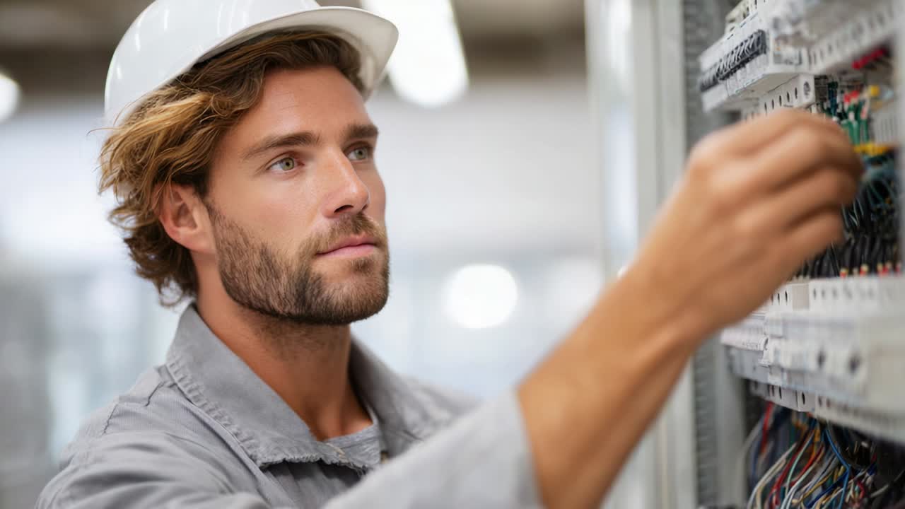 A focused electrical technician wearing a safety helmet inspects a complex circuit panel, demonstrating professionalism and attention to detail in a technical work environment, emphasizing safety and efficiency