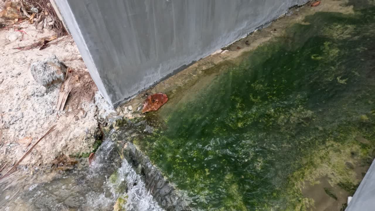 Plastic debris and dirty water flow through rocky stream into algae-filled concrete drainage tunnel