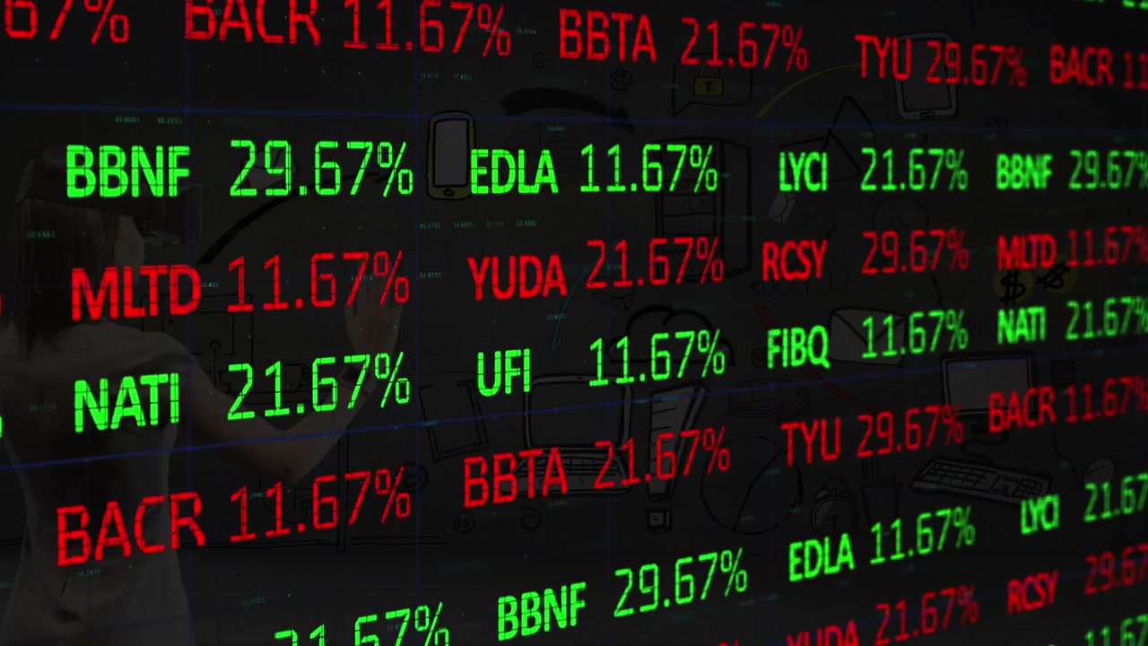 Video di elaborazione dati finanziari su sfondo scuro.