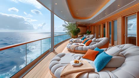luxurious deck with ocean view and lounge seating on a cruise ship or yacht