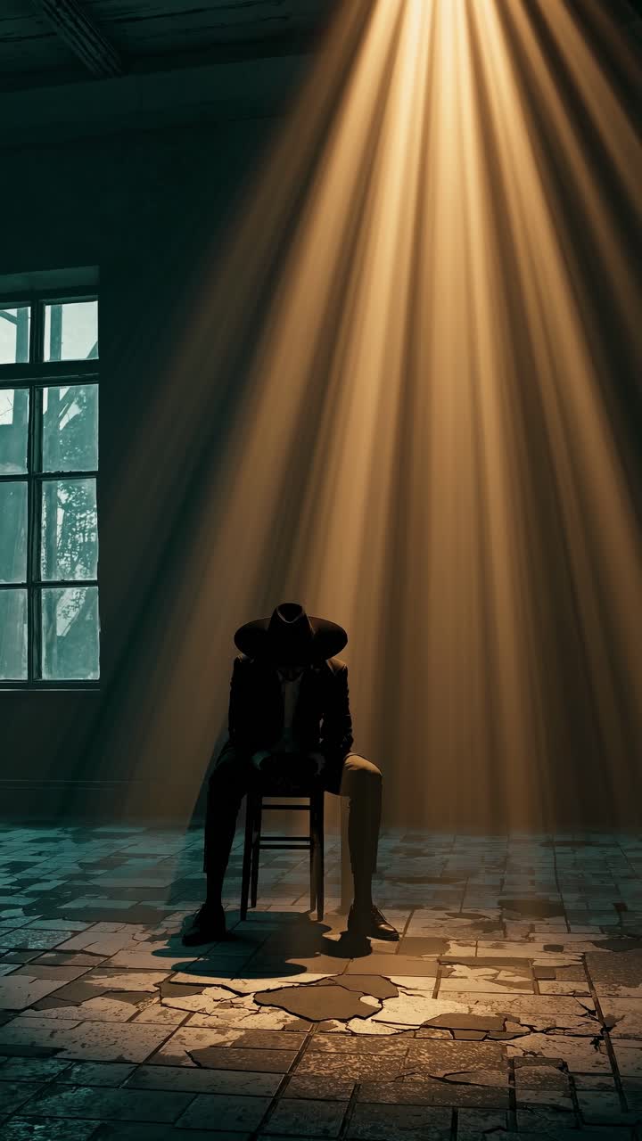 Shadowed figure seated in a beam of light, creating a dramatic atmosphere of contemplation