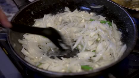 fresh cut white onions being stirred in simmering