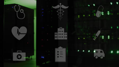 animación de iconos médicos y procesamiento de datos a través de servidores informáticos