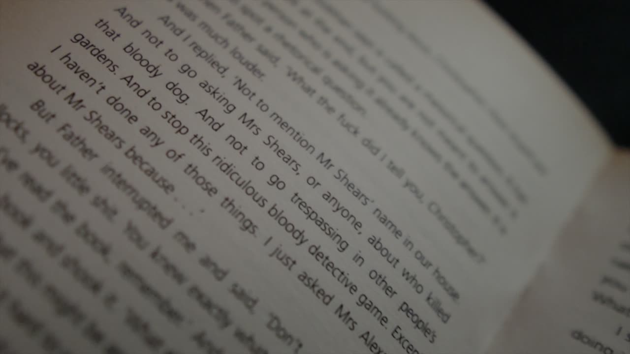 toma panorámica a través de una página abierta de un libro que destaca diferentes líneas de texto dando el efecto de una experiencia de lectura enfocada e inmersiva