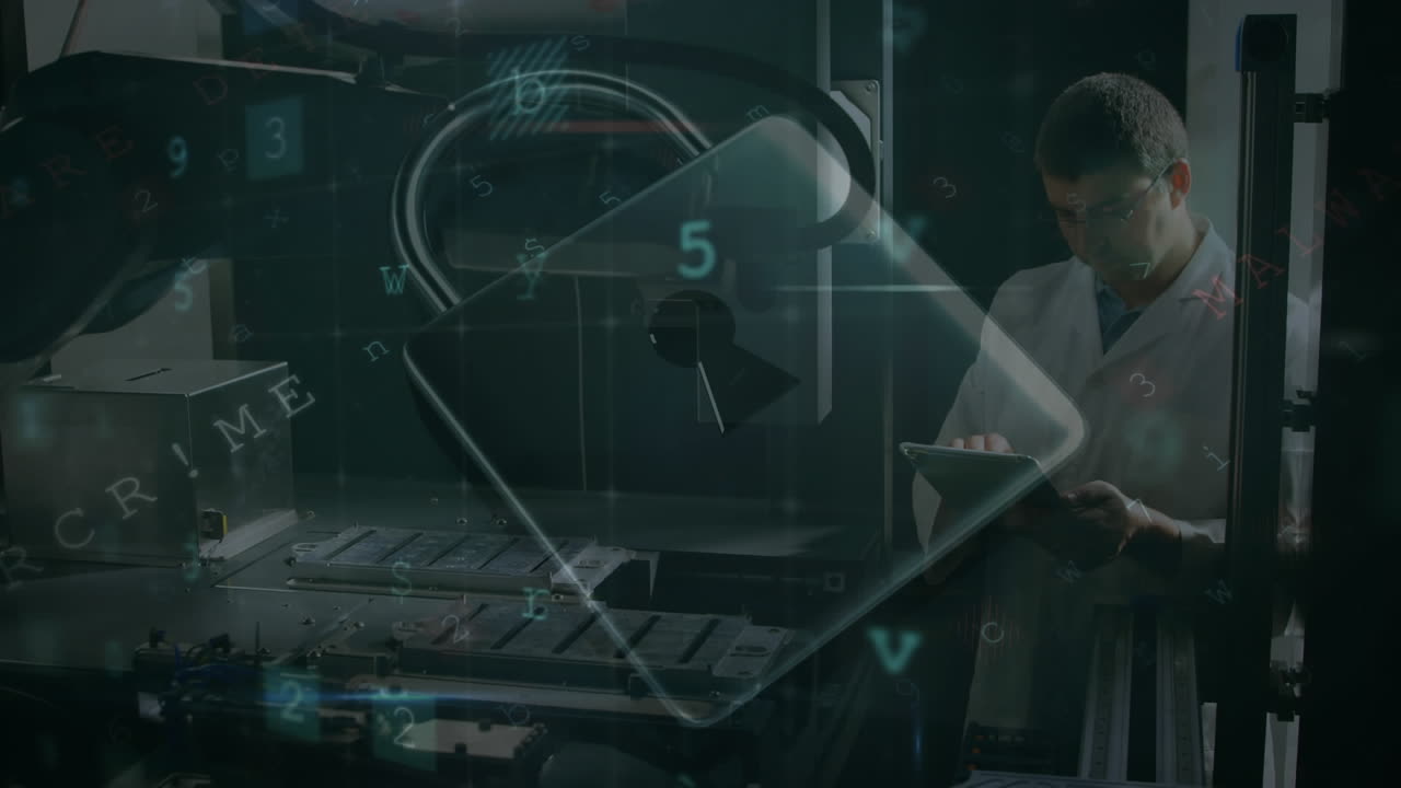 Animation of cyber attack warning with digital padlock over scientist using tablet
