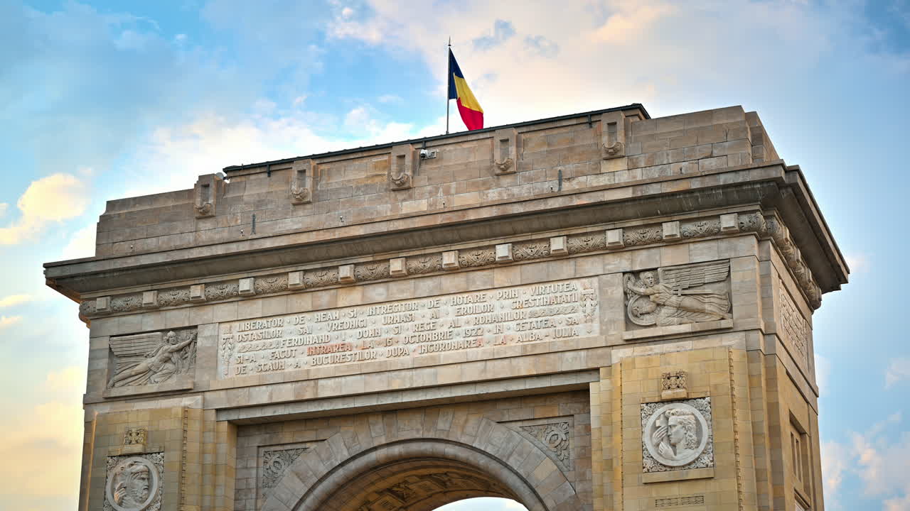 Close up view of the top of The Triumphal Arch in Bucharest, Romania