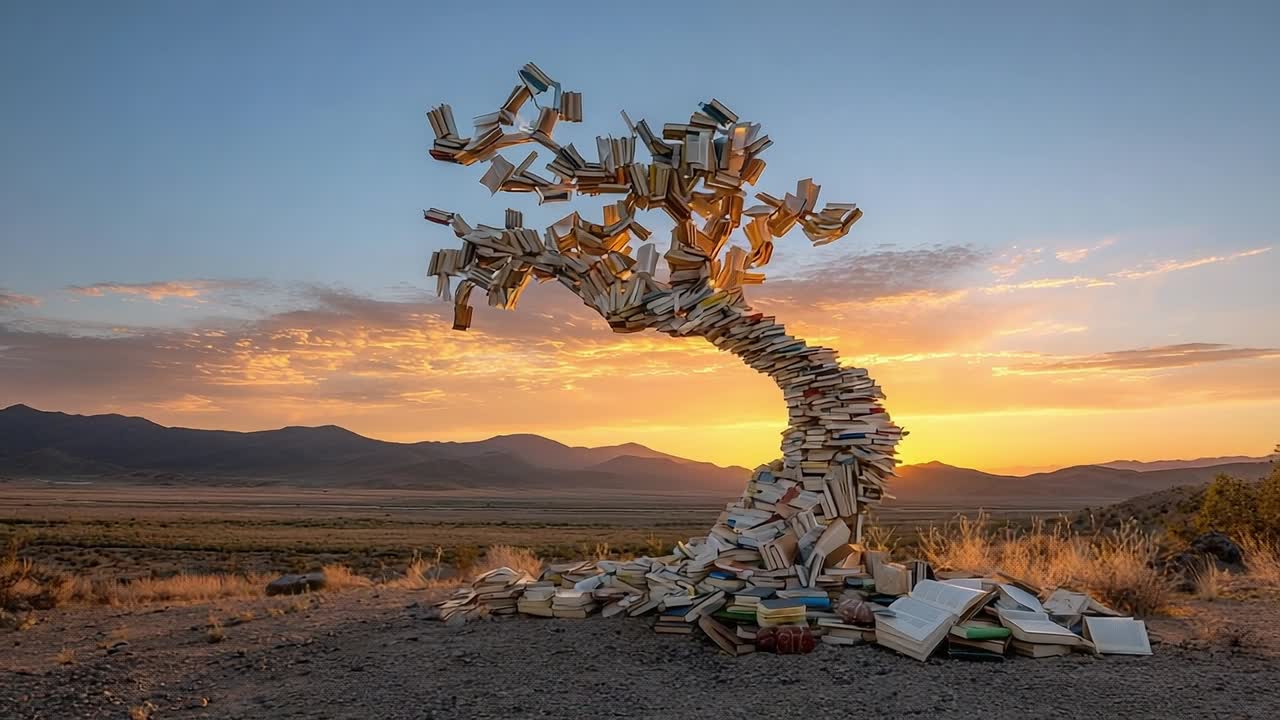 Struttura creativa a forma di albero fatta di libri al tramonto in un paesaggio rurale.