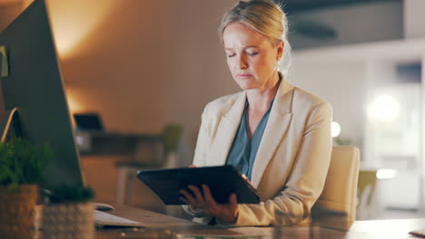 office, tablet and serious woman with market