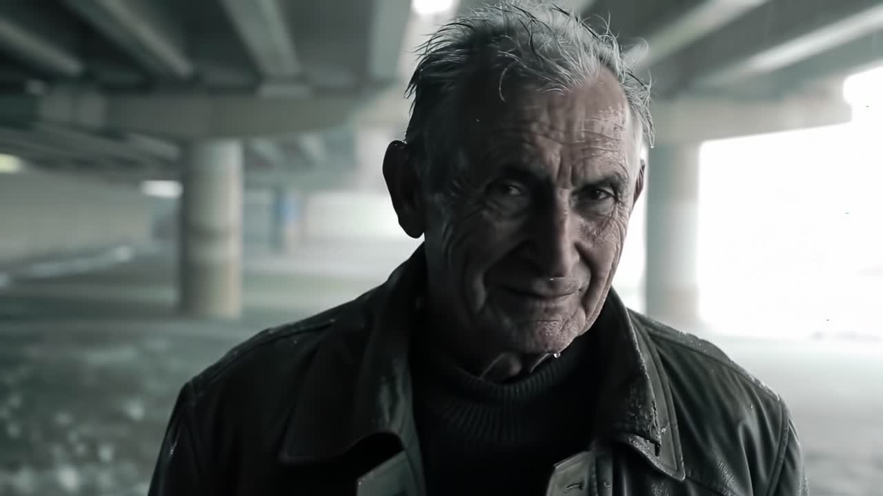 An elderly man stands confidently beneath a concrete overpass, exuding wisdom and resilience through his weathered features and gentle smile, illuminated by soft ambient light.