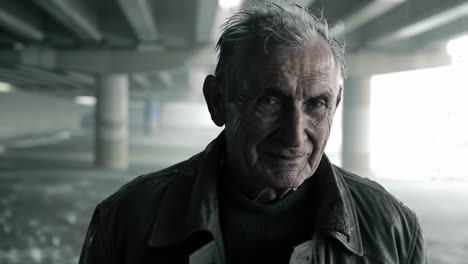 an elderly man stands confidently beneath a concrete overpass, exuding wisdom and resilience through his weathered features and gentle smile, illuminated by soft ambient light.