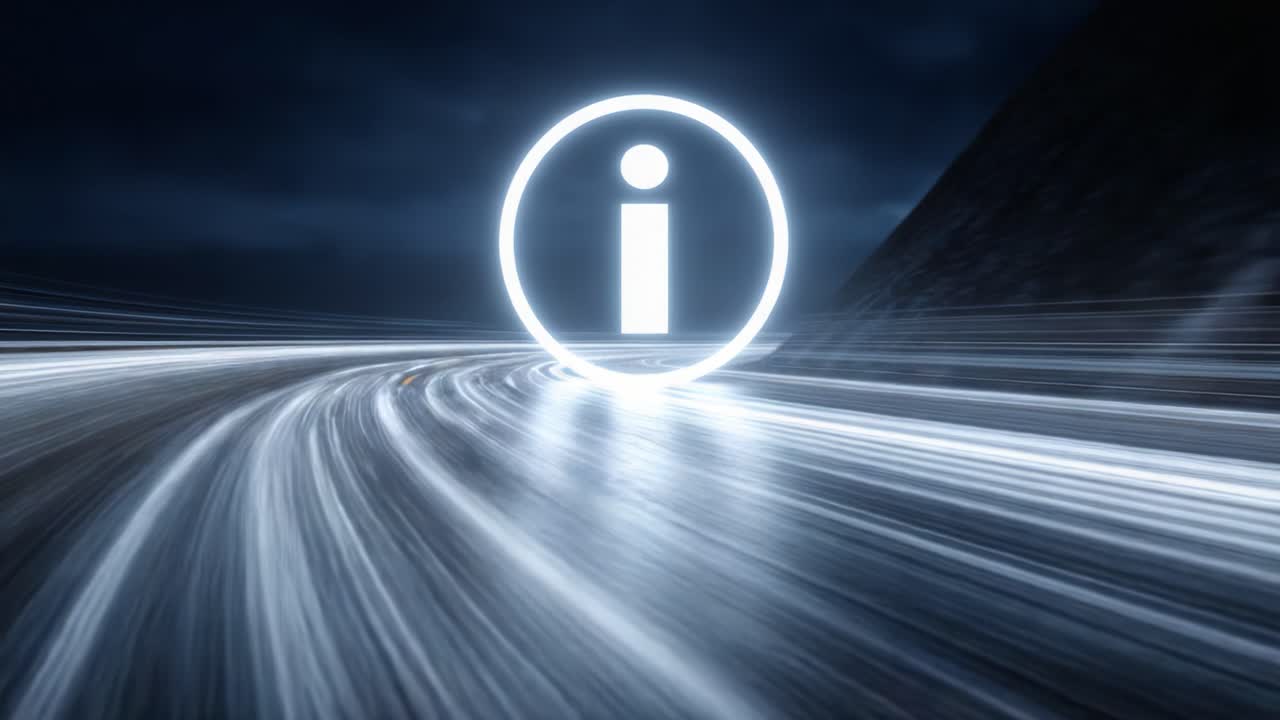 A captivating visual of a winding road illuminated by dynamic light streaks, featuring a prominent glowing information symbol that stands out in the dark atmosphere