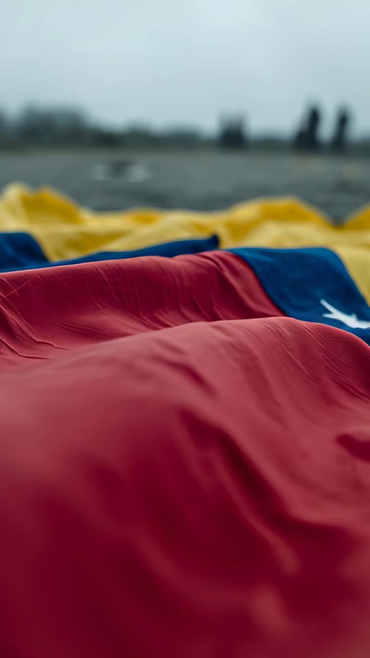 Vertical video: Rippling red blue yellow flags in light breeze on shoreline, revealing white star