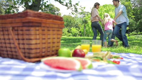 family dancing in a cirlcle in the background with a platter on a picnic basket in the foreground