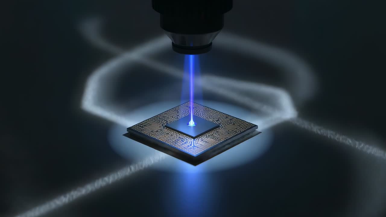 Illuminating exposed die on chip on lab bench, blue laser beam projecting from lens to test