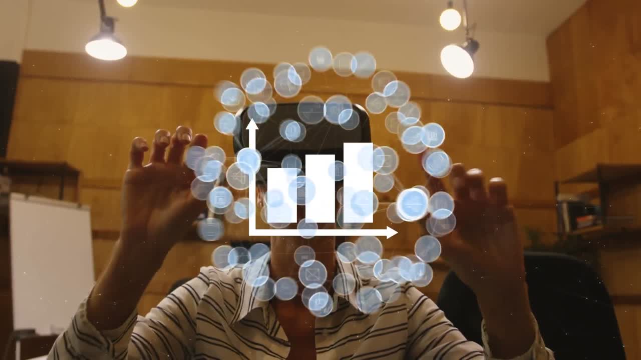 animación del globo con red de conexiones y estadísticas sobre la mujer de negocios que usa auriculares vr