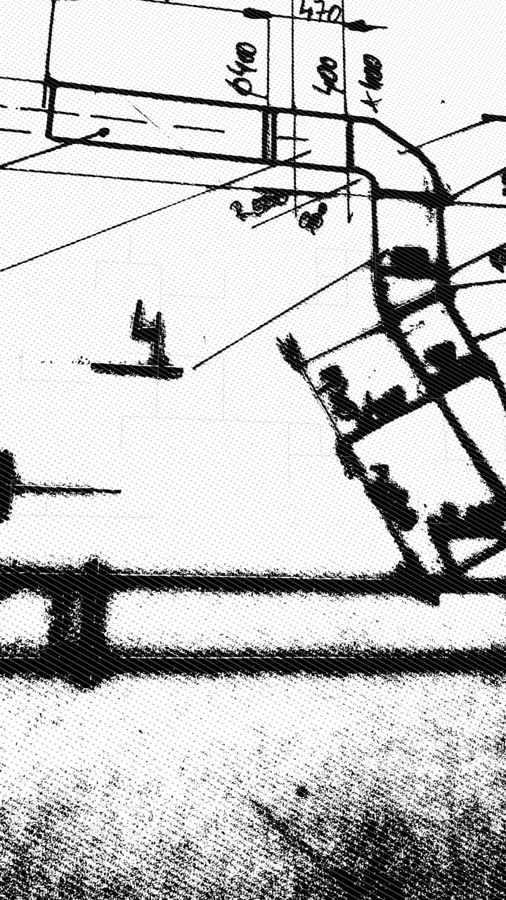 Progetto tecnico verticale monocromatico ad alto contrasto che dettaglia i design dei condotti HVAC. Perfetto per la tecnologia delle costruzioni, promozioni di software di ingegneria e asset mobili di produzione industriale