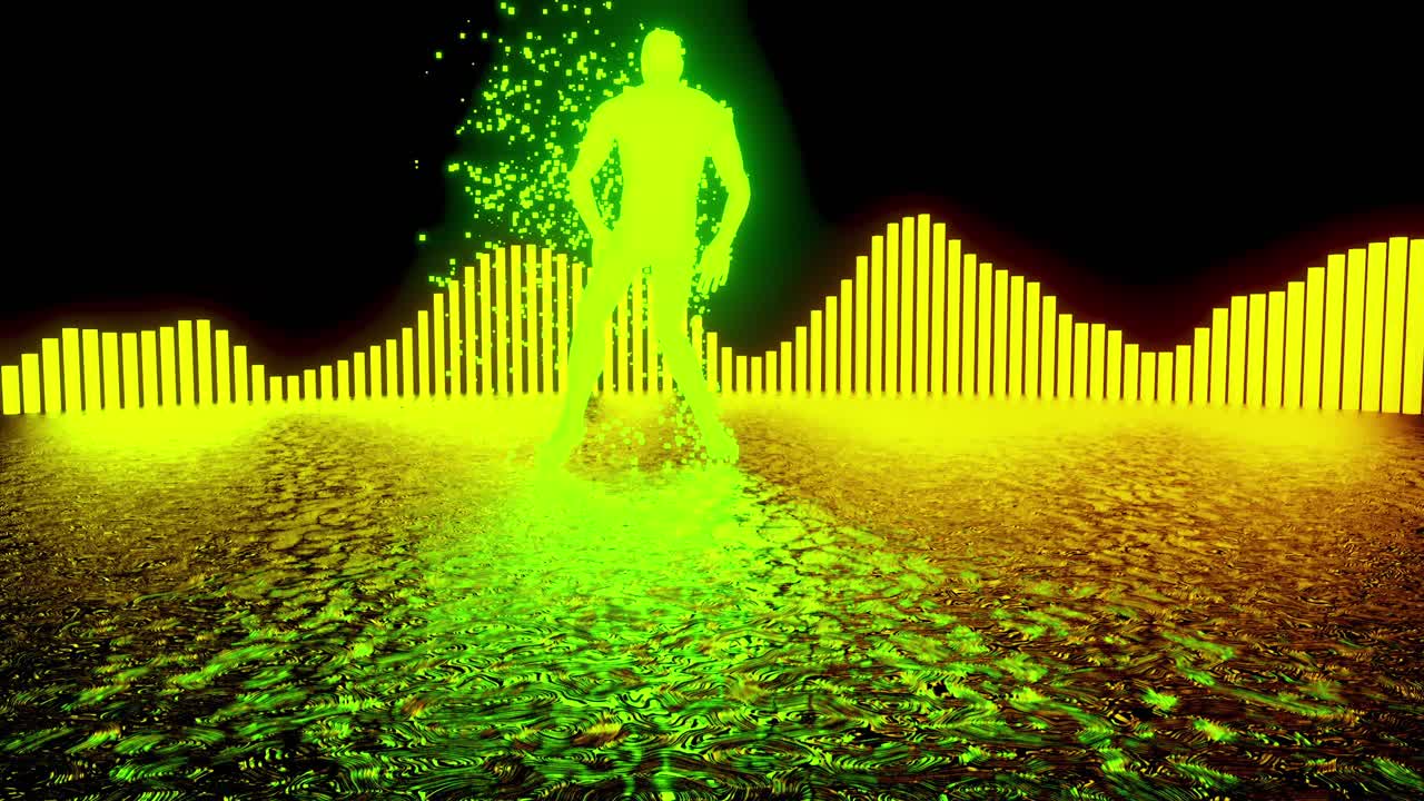 음악에서 영감을 받은 장면에 서 있는 초록색 실루