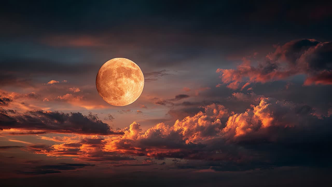 A mesmerizing display of the moon illuminating the night sky, surrounded by vibrant clouds painted in hues of orange and deep blue, creating a tranquil evening atmosphere