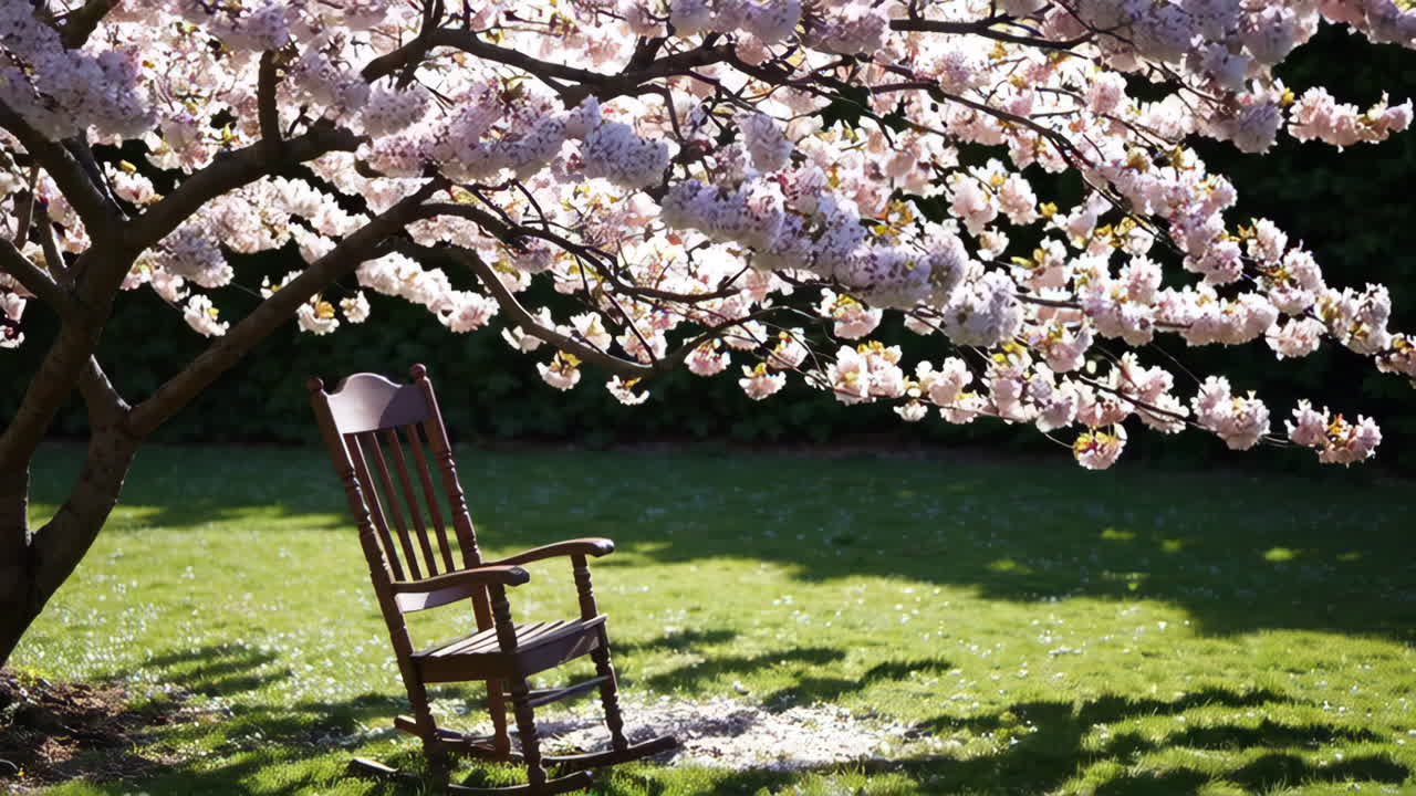 A Rocking Chair Under a Cherry Blossom Tree | Premium Stock Video Footage