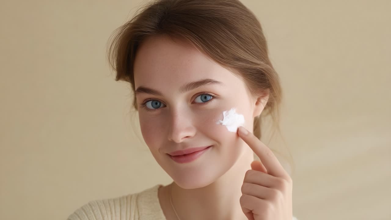 A Young Woman Applying Skincare Cream to Her Face, Highlighting a Routine Focused on Moisturization and Self-Care in a Soft, Natural Setting
