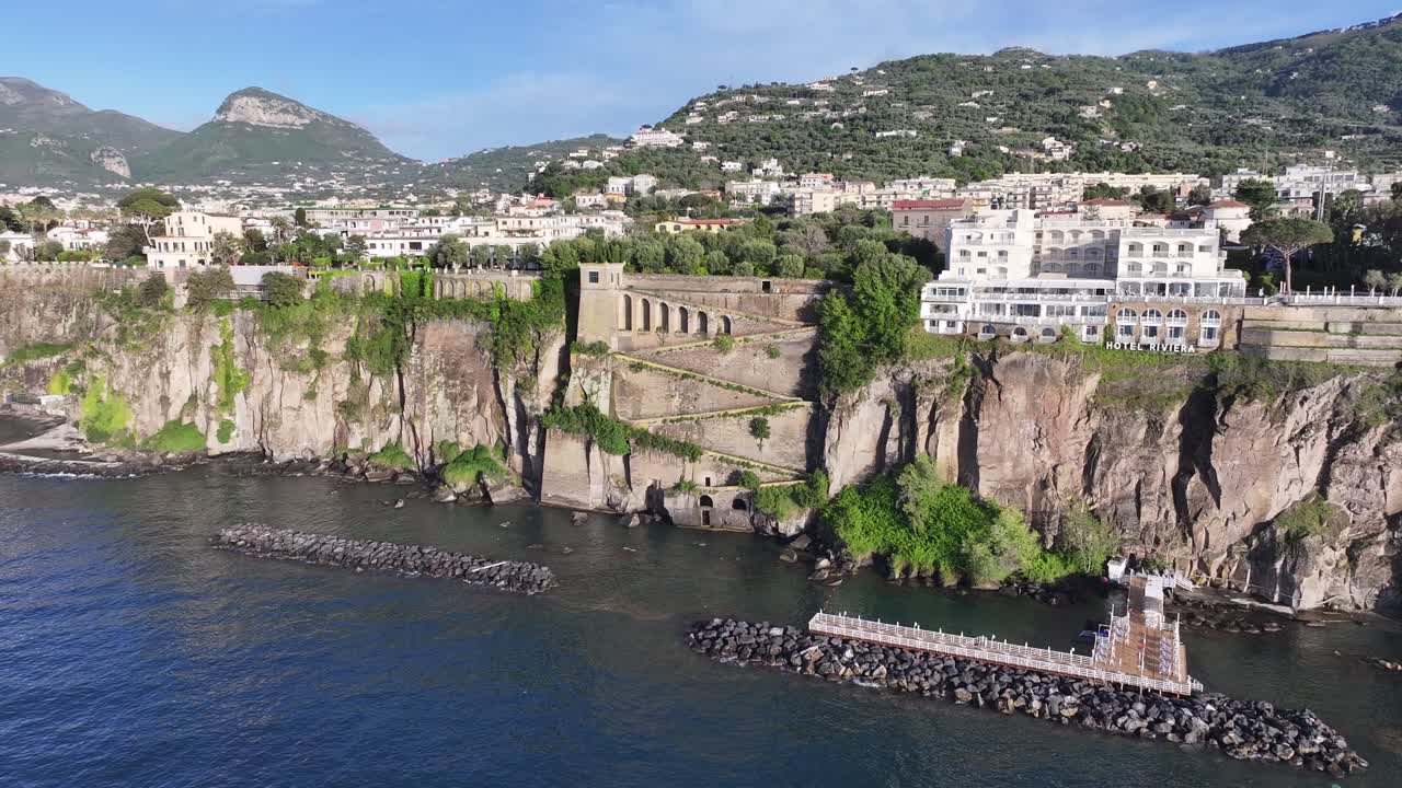 Sorrento Coast At Sorrento In Naples Italy. Beach Landscape. Giant Cliffs Scene. Sorrento Coast At Naples Italy. Medieval City Skyline. Gulf Of Naples Mediterranean Sea. Amalfi Coast Skyline