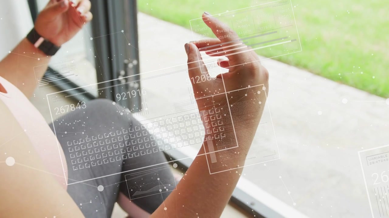 Woman at sliding door pressing palms forming mudra with band as transparent overlays showing health