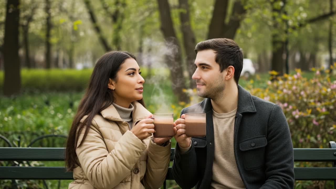 Coppia che si gode bevande calde insieme in un parco.
