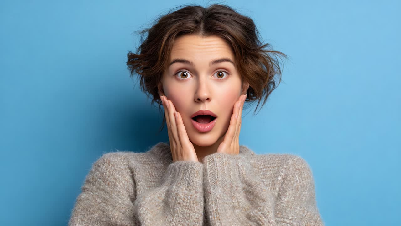 Surprised Expression Across Two Frames: An Emotional Journey from Shock to Calmness Captured in Clear Blue Background with Stylish Sweater