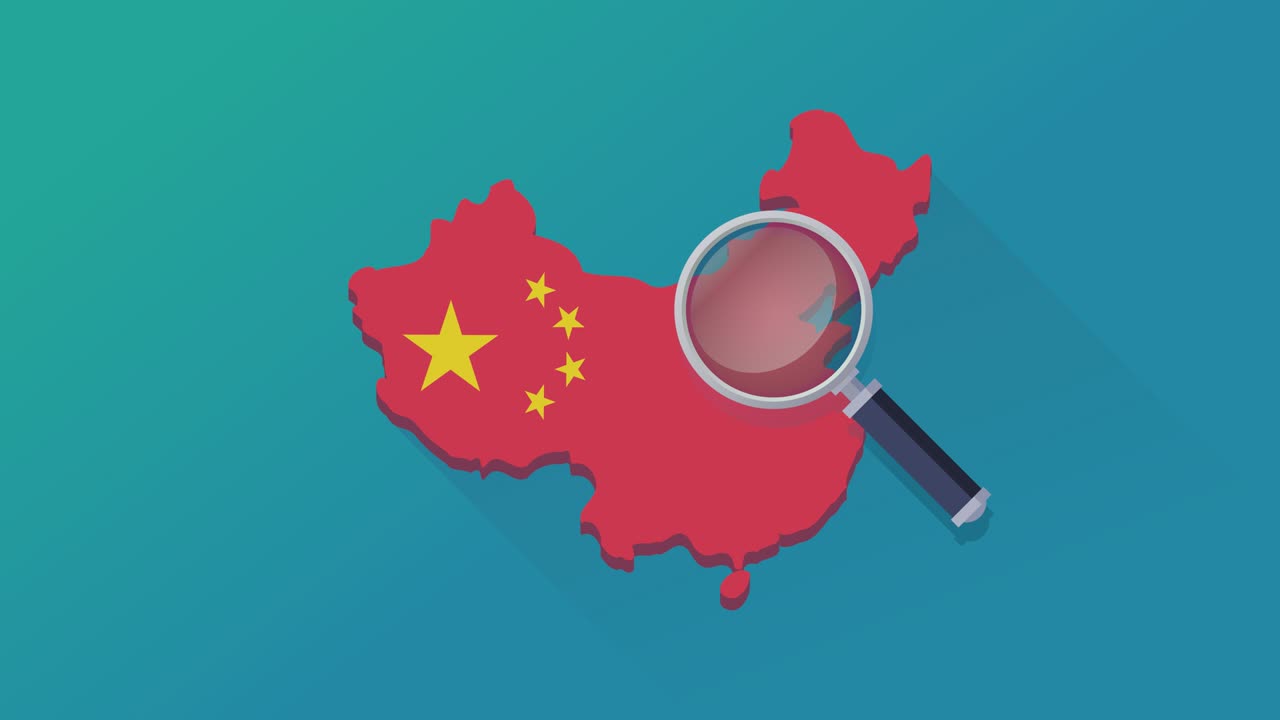 Loop search with magnifying glass on the map of China with the flag on a blue background with shadow (flat design)