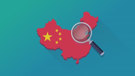 loop search with magnifying glass on the map of china with the flag on a blue background with shadow (flat design)