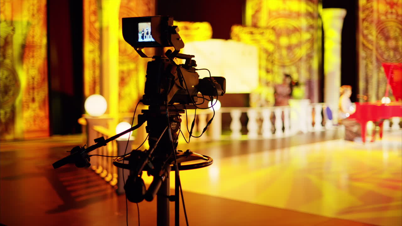 Professional camera filming with on the backstage of a TV set