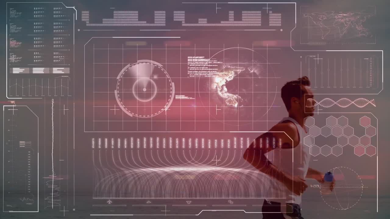 animación de una pantalla digital con datos sobre un corredor caucásico