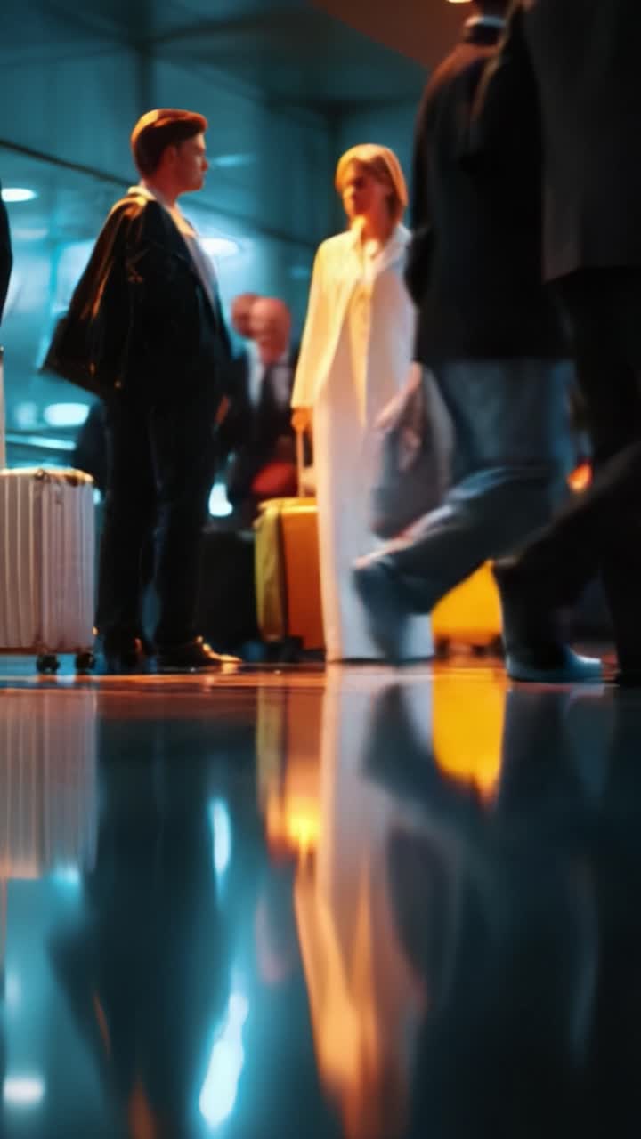 Pertemuan Penuh Gaya di Bandara: Dua Pelancong Berbincang di Tengah Bagasi dan Suasana Terminal yang Sibuk, Menangkap Nuansa Perjalanan Modern