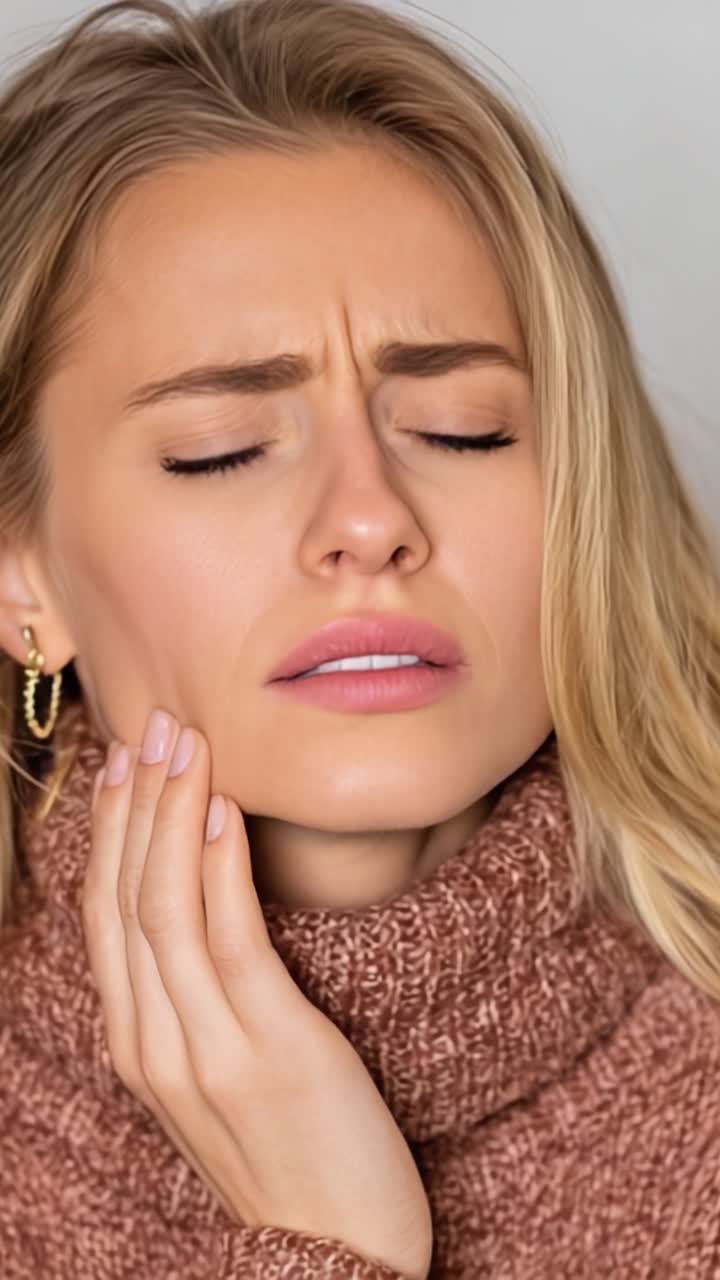 Esprimere dolore: una giovane donna che si tiene la mascella per il disagio, trasmettendo le difficoltà del mal di denti e l'impatto sulla vita quotidiana.