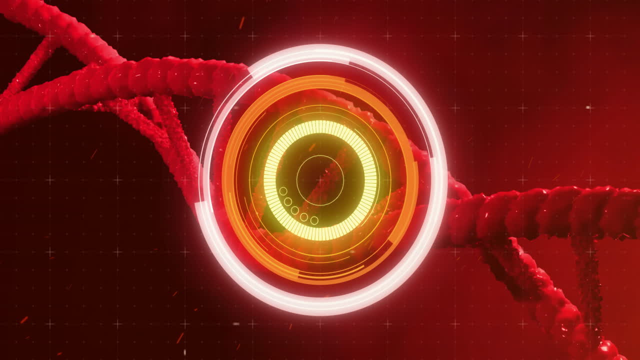 animación de cadena de adn y interfaz circular sobre fondo rojo