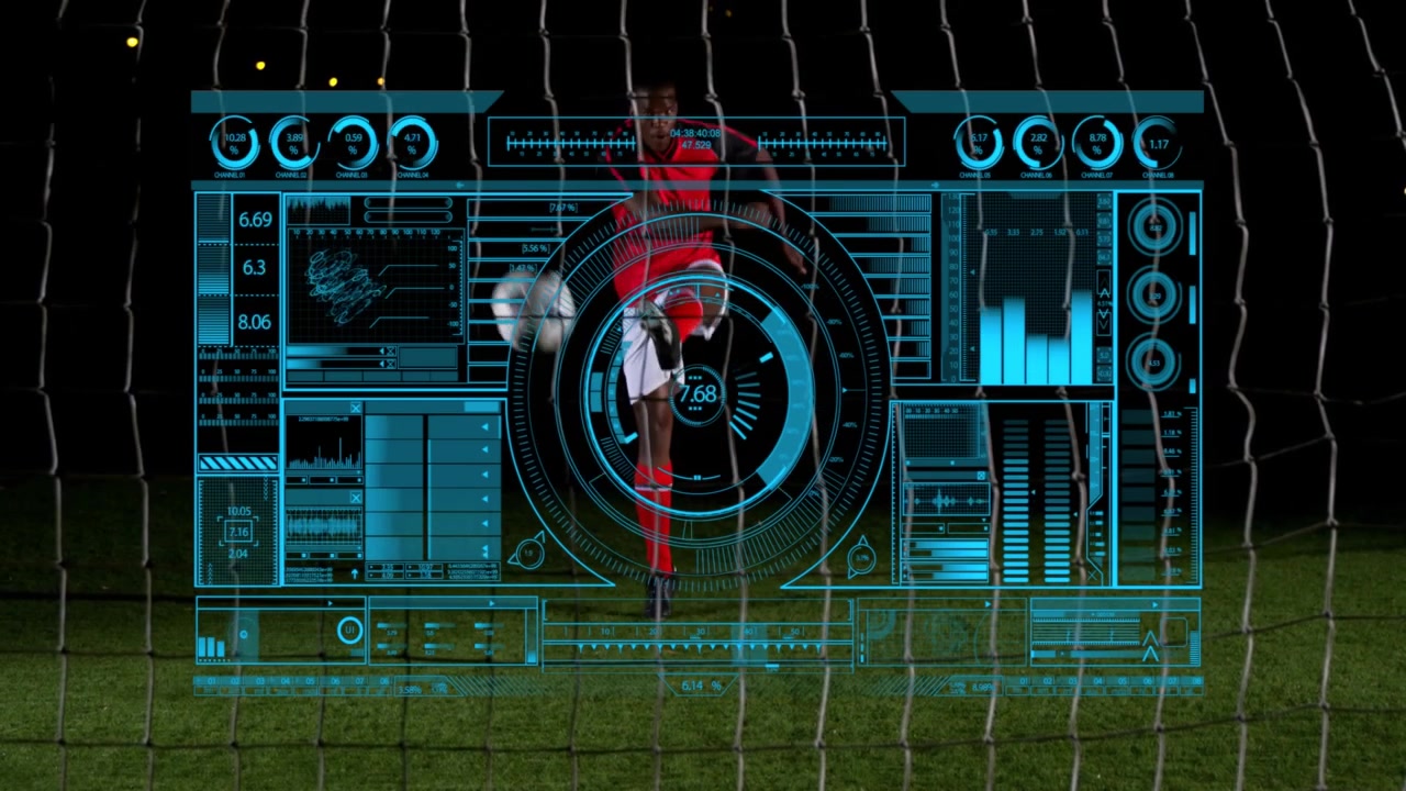 Male soccer player stepping forward and kicking ball at goal, sport HUD analytics tracking power