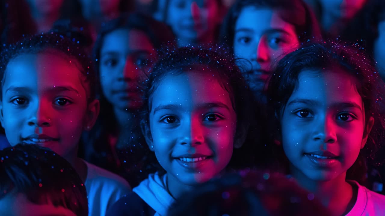 A Captivating Glimpse of Joyful Faces: The Vibrant Expressions of Children Illuminated with Colorful Lights Amidst a Magical Atmosphere of Wonder and Excitement