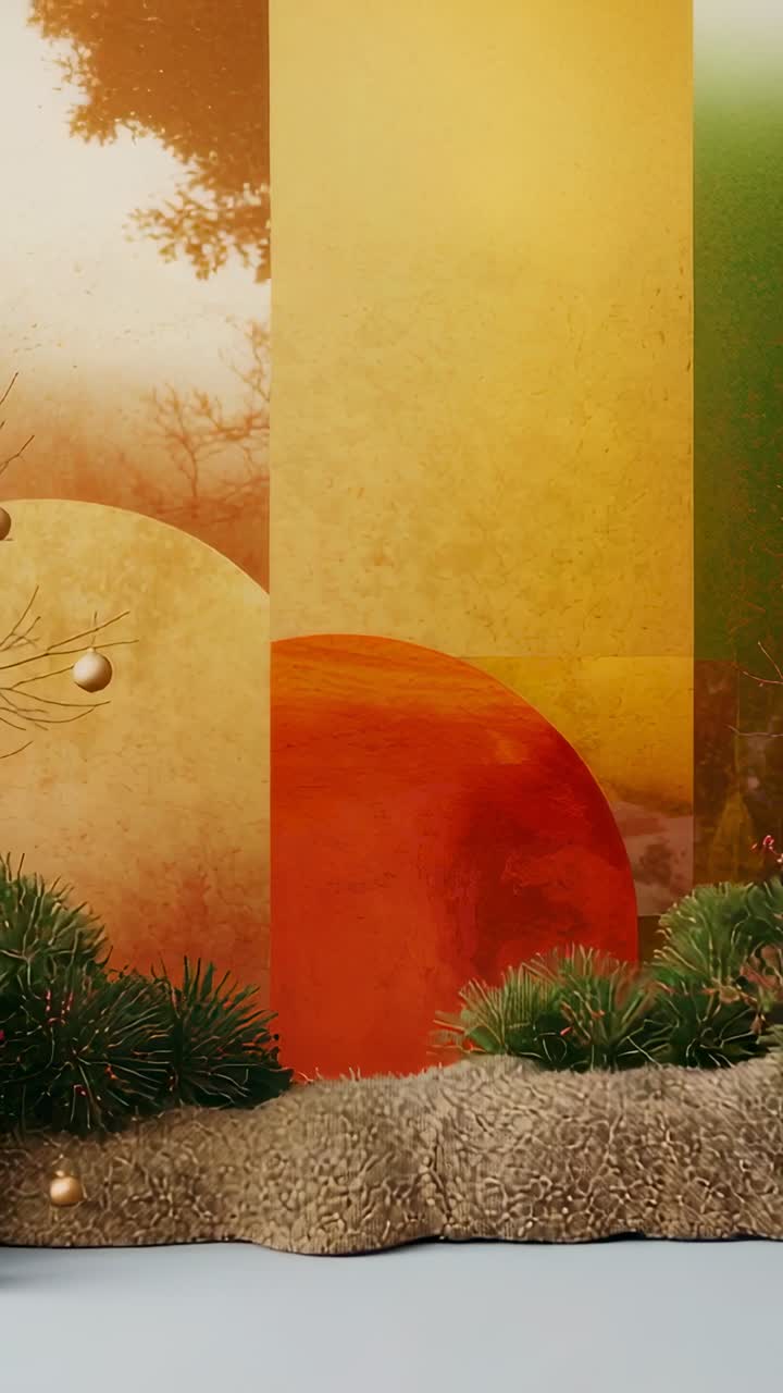 Vertical video: After delay branch sliding across yellow panel on table, gold baubles, berry sprig