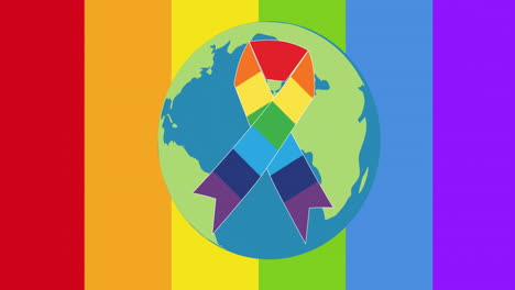 rainbow ribbon floating over earth, colorful stripes background