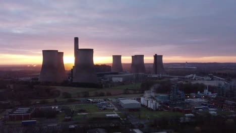 fiddlers ferry disused coal fired power station during sunrise, aerial view rising across warrington landmark