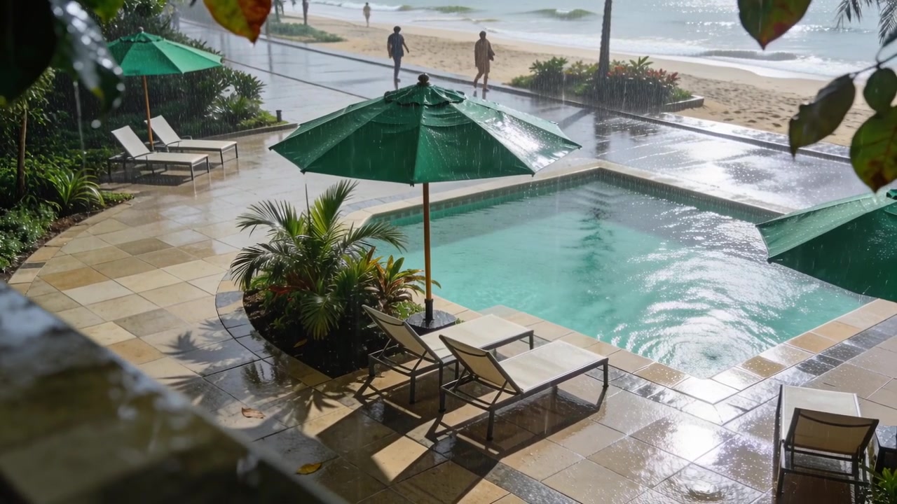 Following light shower, pool terrace showing ripples, wet umbrella, two men walking in beachwear