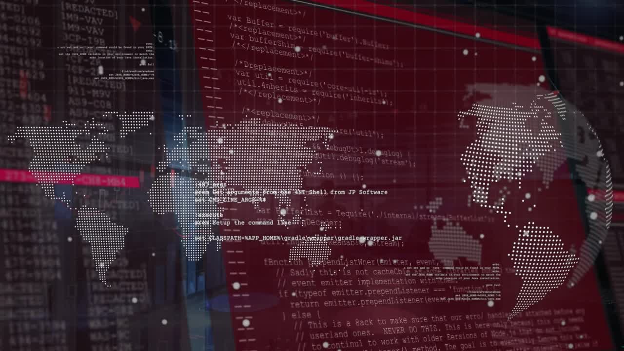 animación del procesamiento de datos sobre el mapa del mundo, el globo terrestre y el fondo rojo y negro