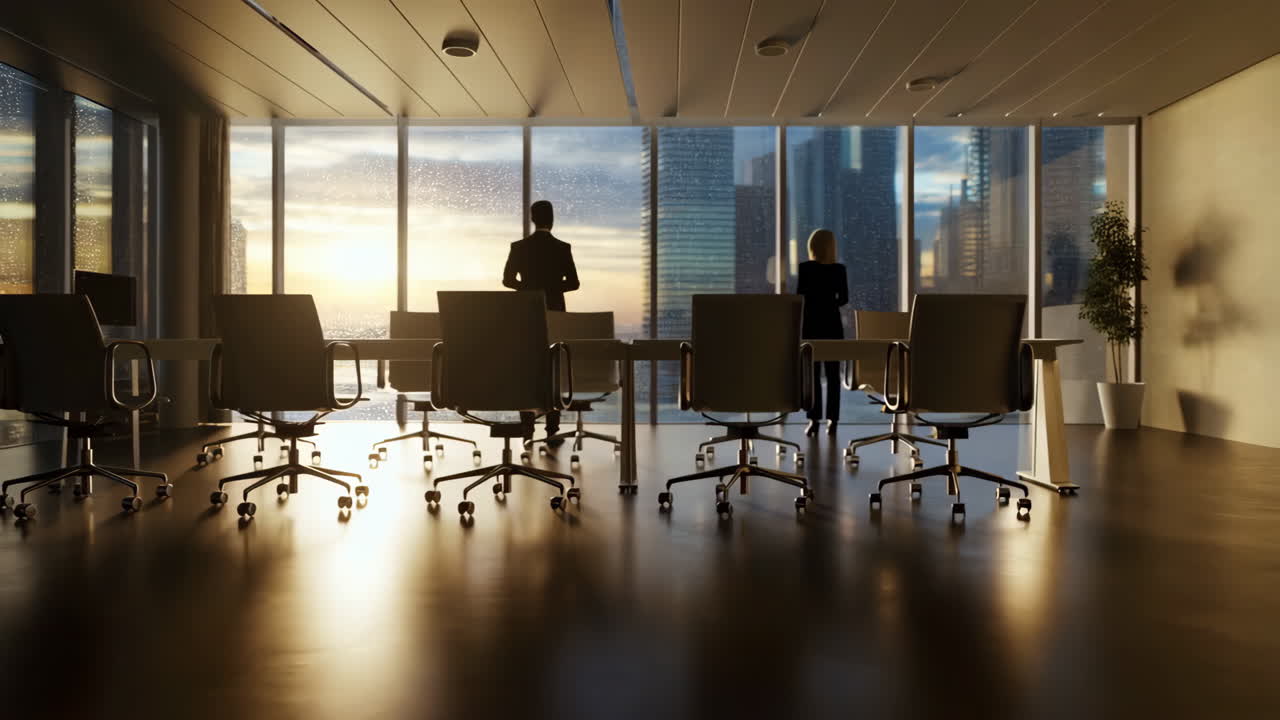 Modern conference room with city skyline view at sunset or sunrise