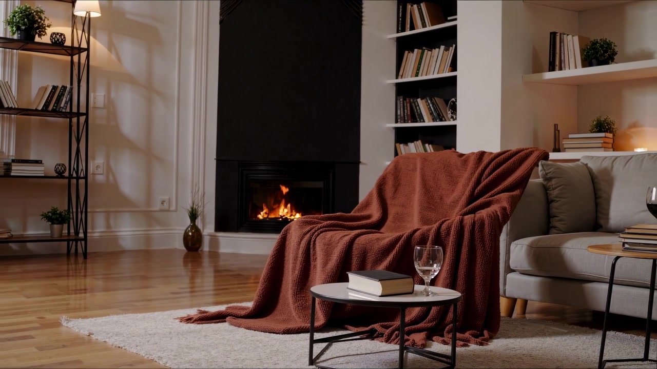 Útulný interiér obývacího pokoje s krbem a pohodlným posezením