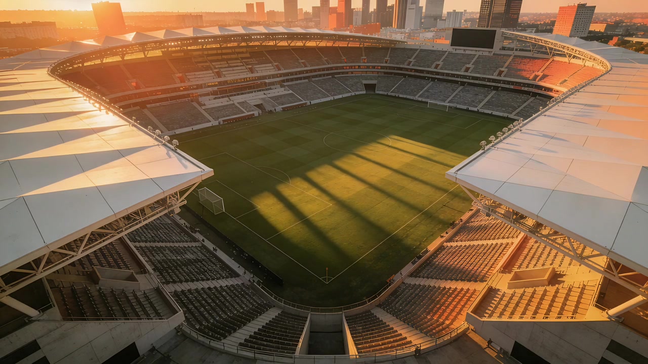 Sole calante che proietta fasce di luce sul campo di uno stadio urbano all'ora d'oro, mostrando i pali della porta.