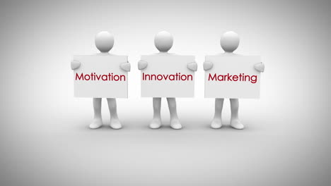 White-characters-showing-signs-saying-motivation-innovation-marketing