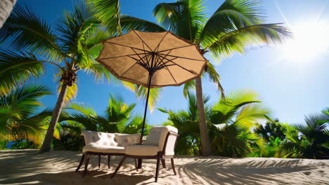 tropical beach scene with palm trees and lounge chairs