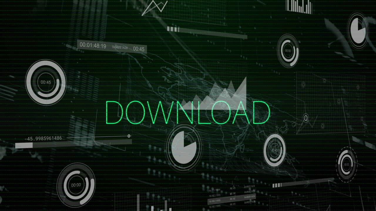 검은색 배경에서 데이터 처리를 통해 간섭 및 다운로드 텍스트의 애니메이션